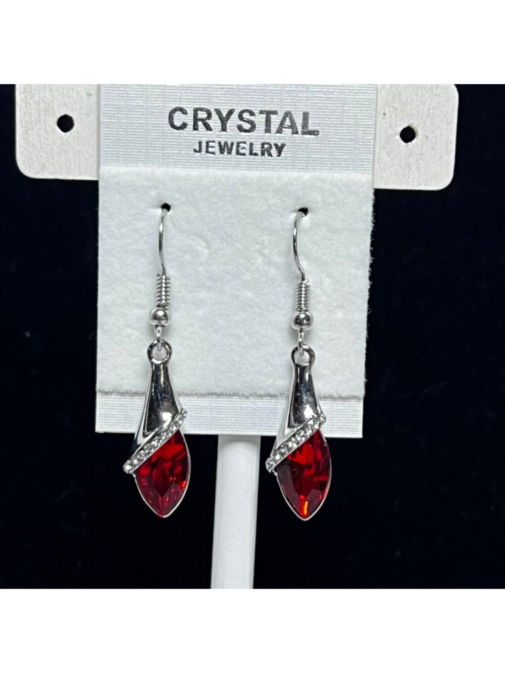 Silver Tone Red Crystal Drop Earrings With Clear Rhinestone Accents (6542)